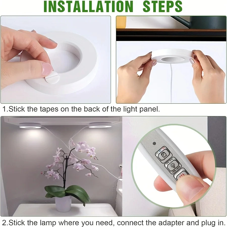 White 9CM Full Spectrum Hanging LED Plant Light, Under Cabinet Plant Lamp with 10 Dimming Levels & 3/9/12H Timer, Self-adhes