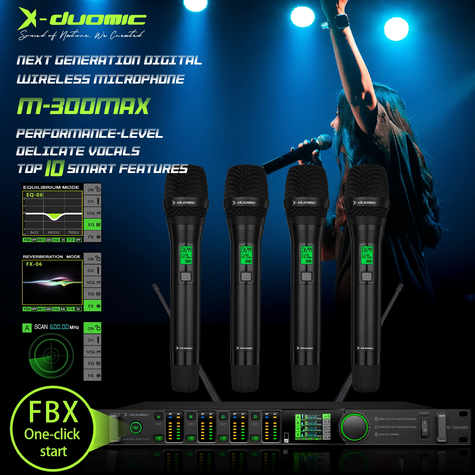 

X-DUOMIC M300MAX true diversity one to four wireless microphone professional stage performance balanced reverb anti-howling