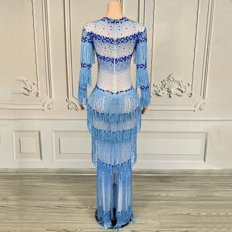Blaue Diamant-Strasssteine mit Fransen, Abendkleider, Partykleider, Damen-Performance, Festival-Outfit, Bar, Nachtclub, Bühnenshow-Kostüm