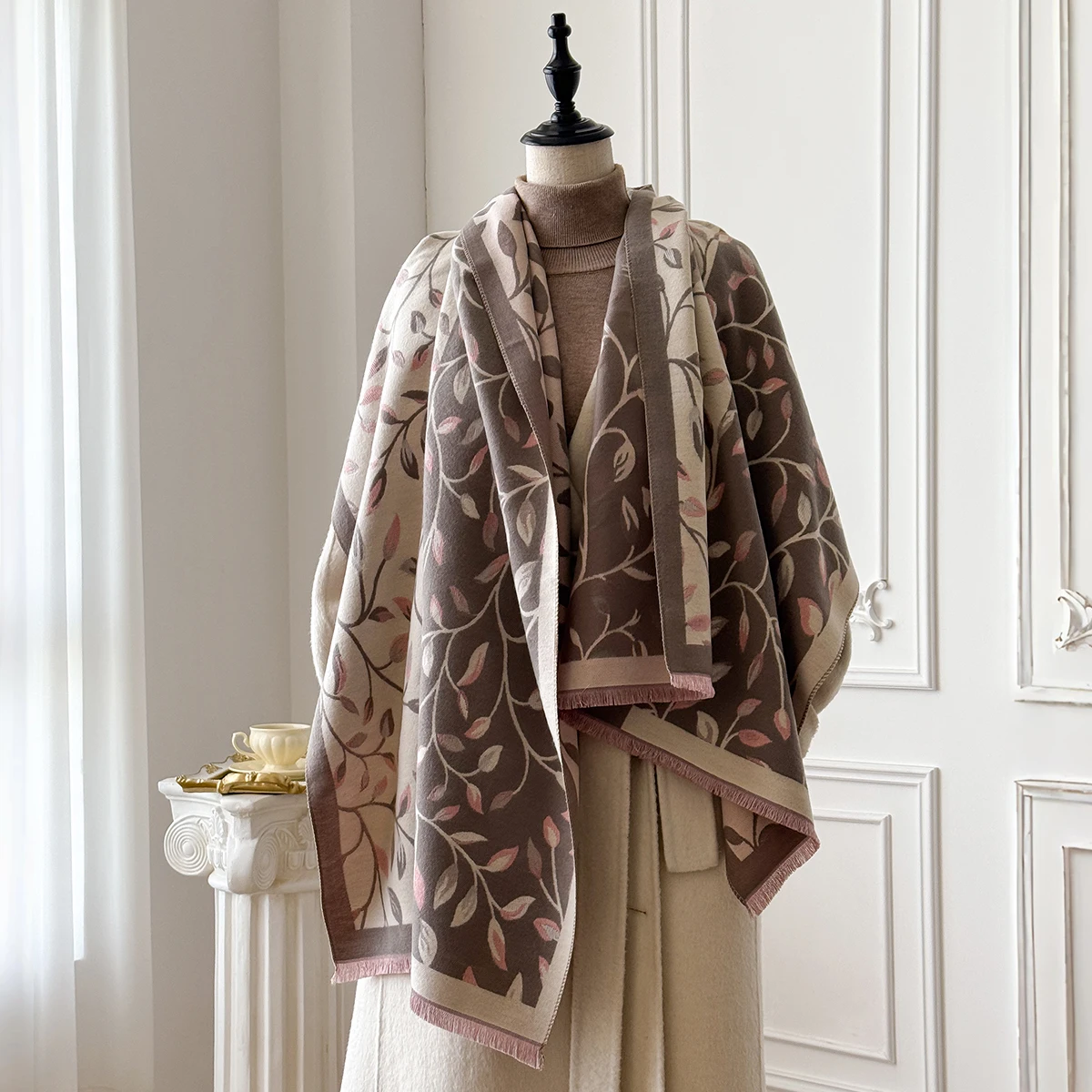 Szal z kaszmiru damski na zimę - wzór w stylu vintage z liśćmi z motywem malarstwa olejnego, gruby szal z frędzlami, pashmina, narzutka i poncho