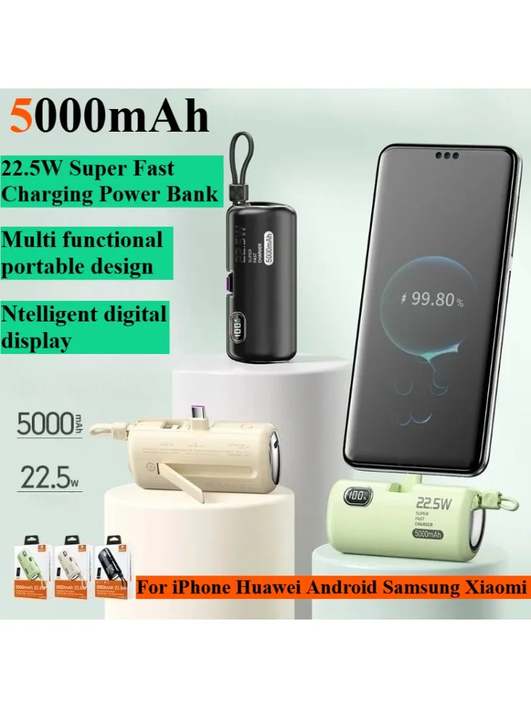 

5000mAh Mini Wired Power Bank with Built-in Cable Portable Mobile External Battery Fast Charger For iPhone Huawei Samsung Xiaomi