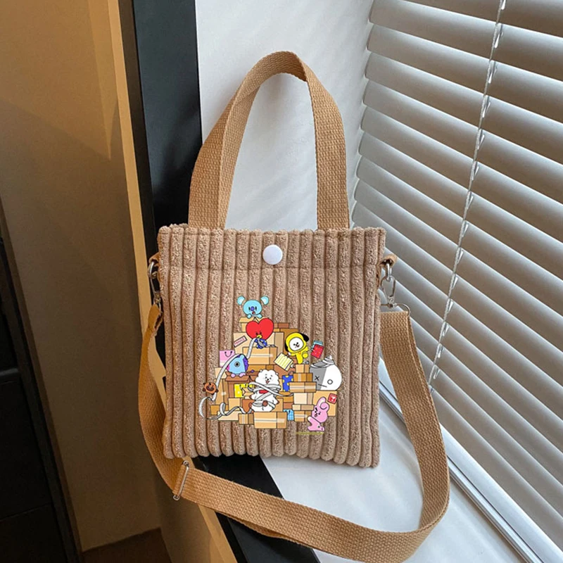 Kawaii Bt21 Corduroy Pluche Crossbody Tas Leuke Cartoon Dames Reizen en Vrije tijd Item Opbergtas Schoudertas Vakantiecadeaus