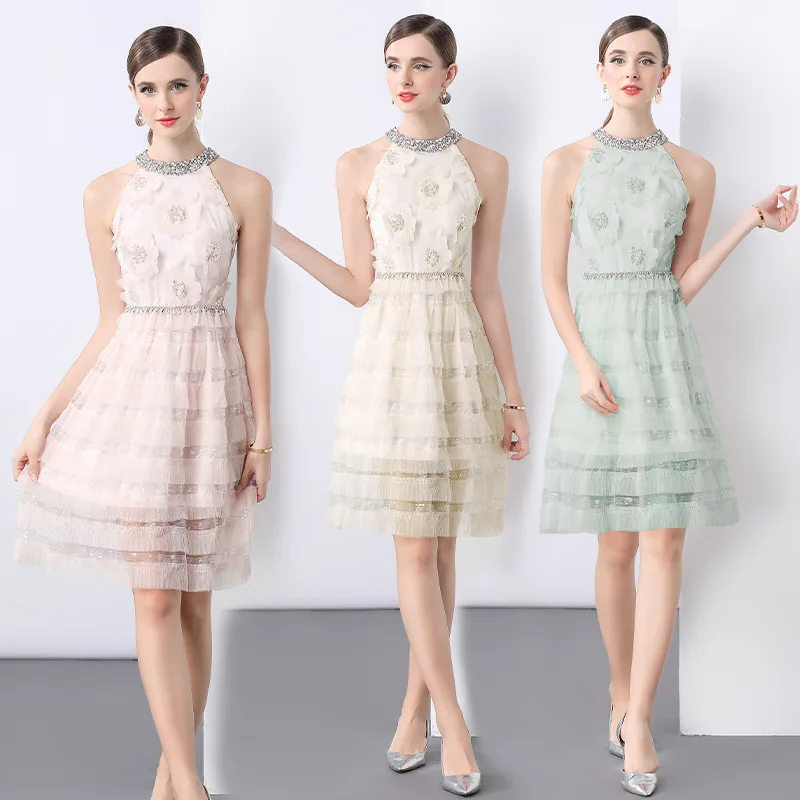 Ele Heavy Embellied Beaded Me Slim Fit Puffy Cake กระโปรง Dr Ne แขวนยาว Sve กลางเอวชุดฤดูร้อน