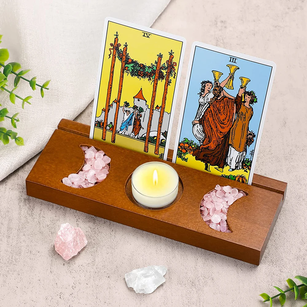 Wooden Tarot Card Holder Triple Moon Star Stand Candle Holders Display Altar Supplies Handcarved Wood Base Home Decoration