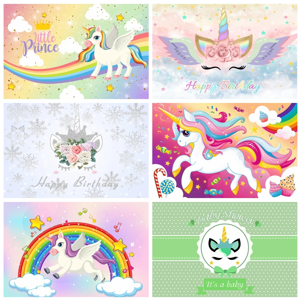 

Unicorn Backdrop Girls Birthday Party Baby Shower Rainbow Clouds Princess Photography Background Cake Table Decor Banner Props