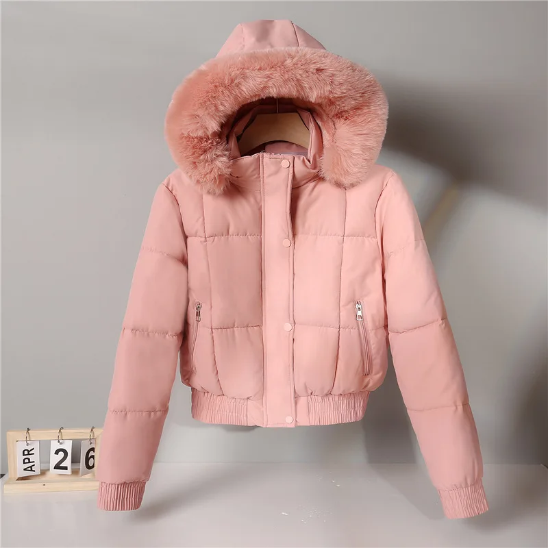 Women's Cotton-Padded Jacket 2025 Winter Fleece Thickened Fashionable Short Hooded Long-Sleeved Petite-Fit Warm Outerwear