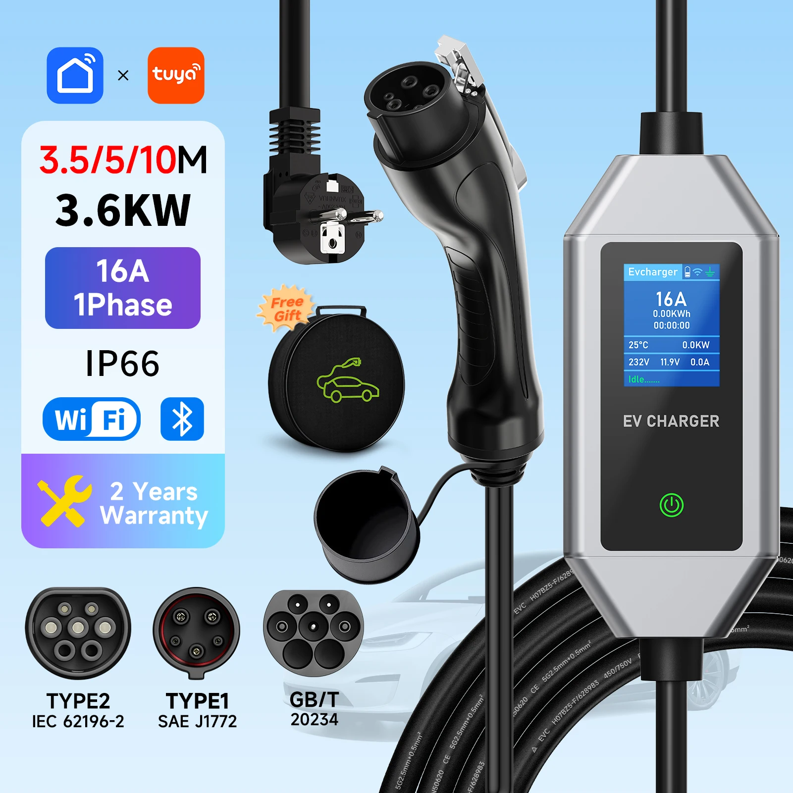 Cargador EV portátil de 3,6 kW Type1/Type2 16A Cable de carga rápida con Control por aplicación WiFi para caja de pared de casa de coche eléctrico EVSE