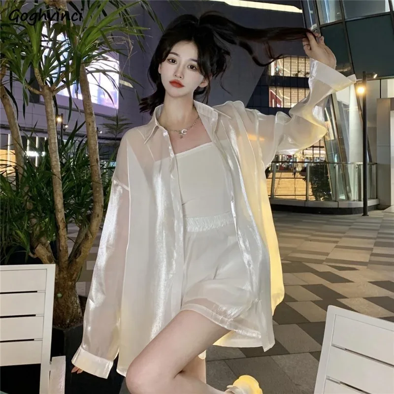 Solid Shirts Women Summer Girls Seethrough Thin Simple All-match Korean Style Lazy Fashion Temperament Loose Office Ladies Cozy