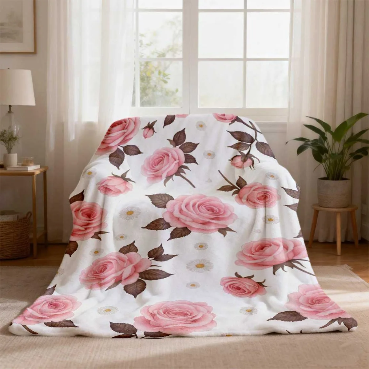 2D Flat Print Pink Rose Daisy Flannel Blanket Ultra Soft Cozy Floral Throw Blanket for Bed Sofa Couch All Season Use Multiple Si