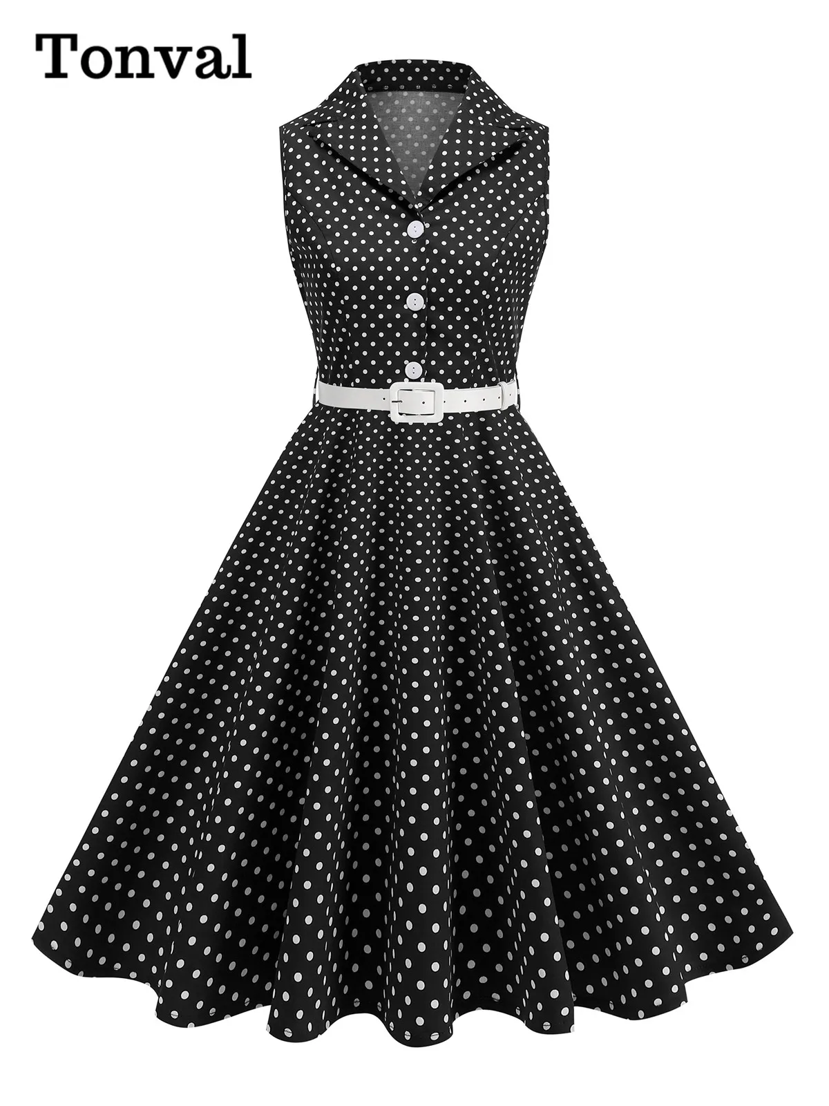 Tonval ノッチ襟ノースリーブ夏水玉模様の女性のドレスベルトボタンアップヴィンテージ服エレガントなフレア裾ドレス