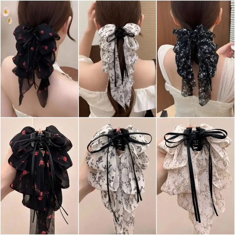 Haarspange mit zerdrückten Blüten, mehrlagiger Schleife, flatterndem Band, Haarspange für tiefen Pferdeschwanz, Haarspange für den Hinterkopf, Haifisch-Haarspange_voghion.com