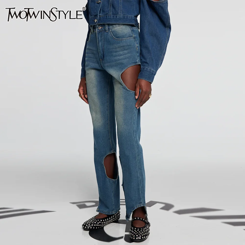 

TWOTWINSTYLE Casual Patchwork Hollow Out Jeans for Women High Waist Spliced Pockets Straight Leg Trousers Female Summer Clothing
