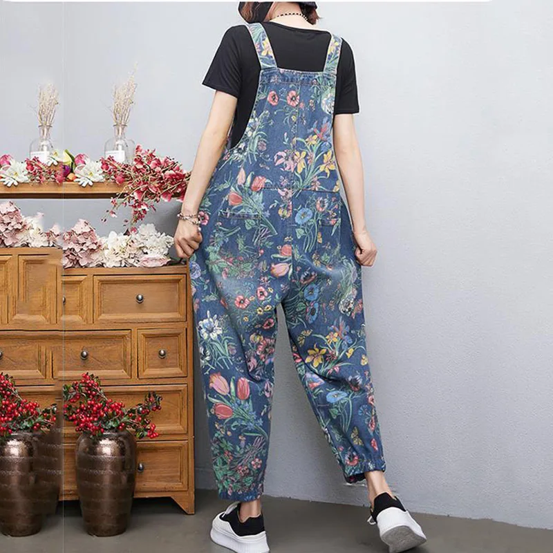 Nowa drukowana denimowe fartuchy damskie wiosenne jesienne luźne Plus Size na co dzień kombinezony modne damskie spodnie typu Lantern Jeans