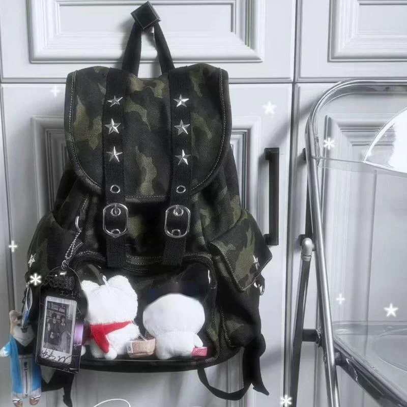 Star Striped Itabag Backpacks Y2K Korean Harajuku Functional Striped Zipper High Capacity Unisex Backpack Women's Handbag New