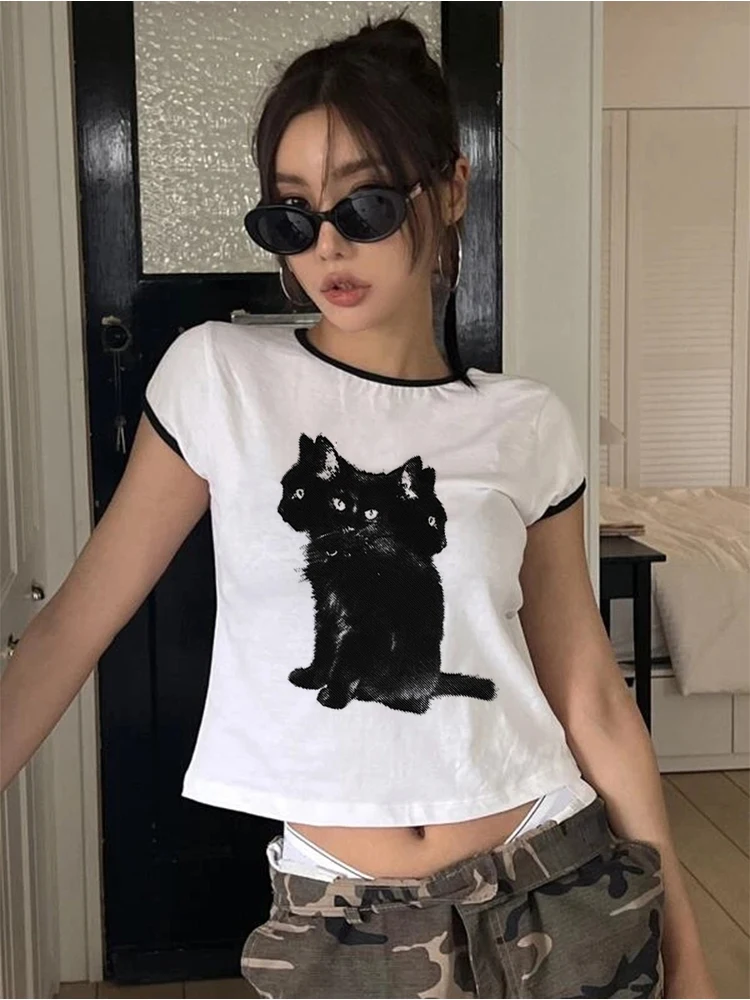 

Vintage Black Cat Print Y2K Aesthetic Baby Emo Gril Tee 2000s Women Short Sleeve Summer Grunge Crop Top Harajuku Y2k Clothes