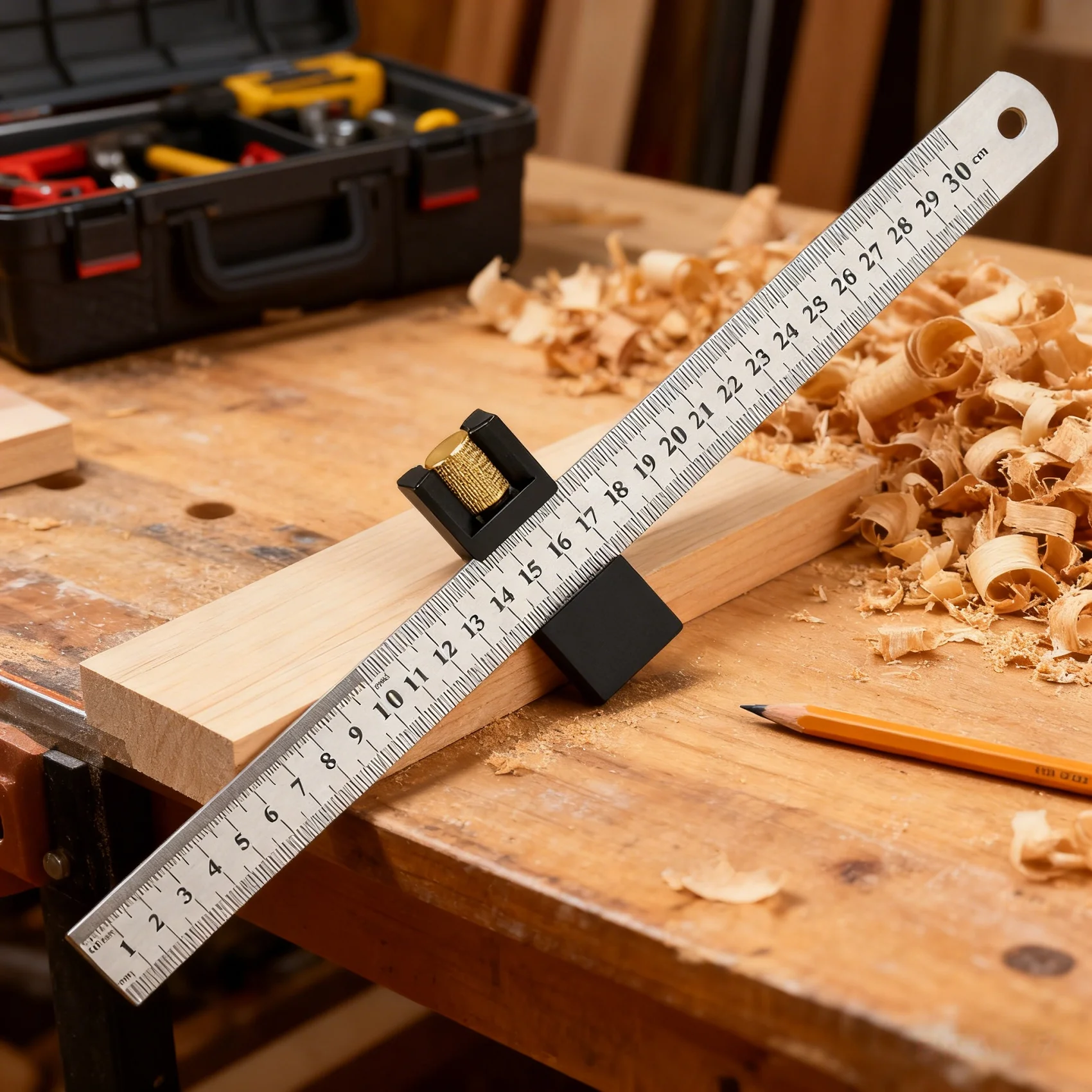 Steel Ruler with Positioning Slide Stop, for Woodworking Adjustable Locking Drawing Ruler with Aluminum Alloy Positioning Block