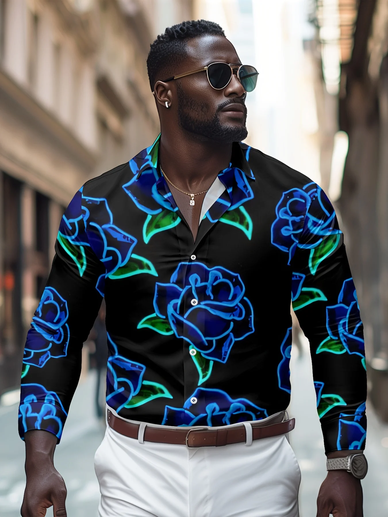 

Fashionable And Romantic AtmosphereValentine'S Day Anniversaryred Roses With Green Leaf Print, Men'S Long-sleevePolyester Shirt,