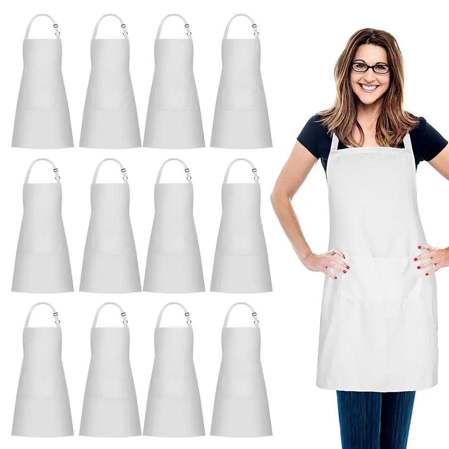 

12 Pack 100 Cotton Aprons Bulk with 2 Pockets Cooking Chef Kitchen Adjustable Bib Apron for Women Men, White