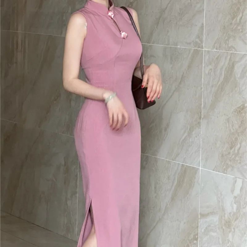

7820 Spring New Chinese Style Solid Color Cheongsam Collar Floral Hollow Out Slit Waist Slimming Long Dress