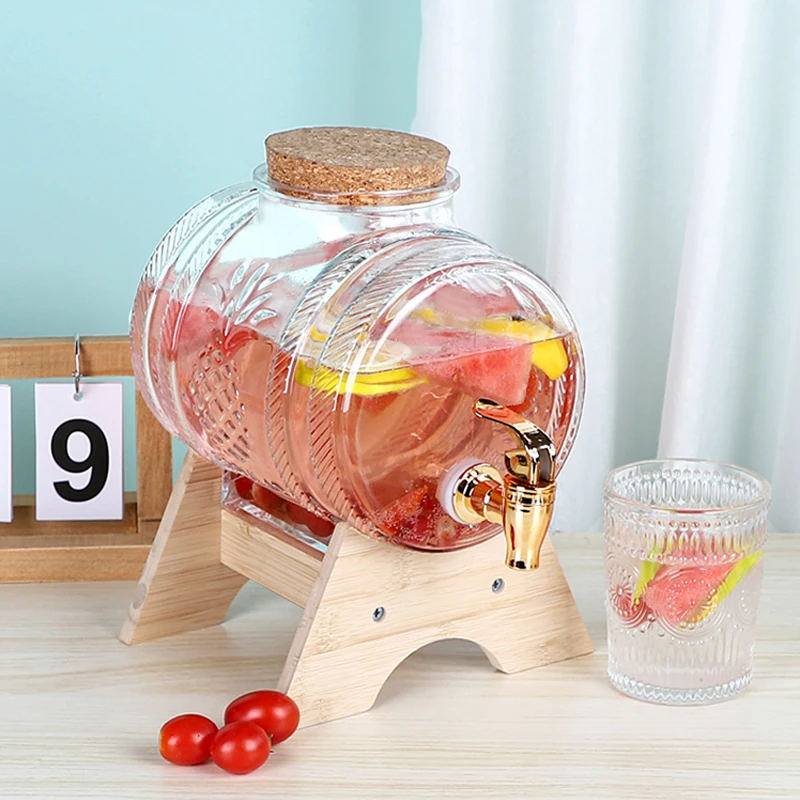 Glass Bottle for Soaking Wine with Faucet, Wooden Stopper Cap, Sealed Beverage Bucket, Fruit Wine