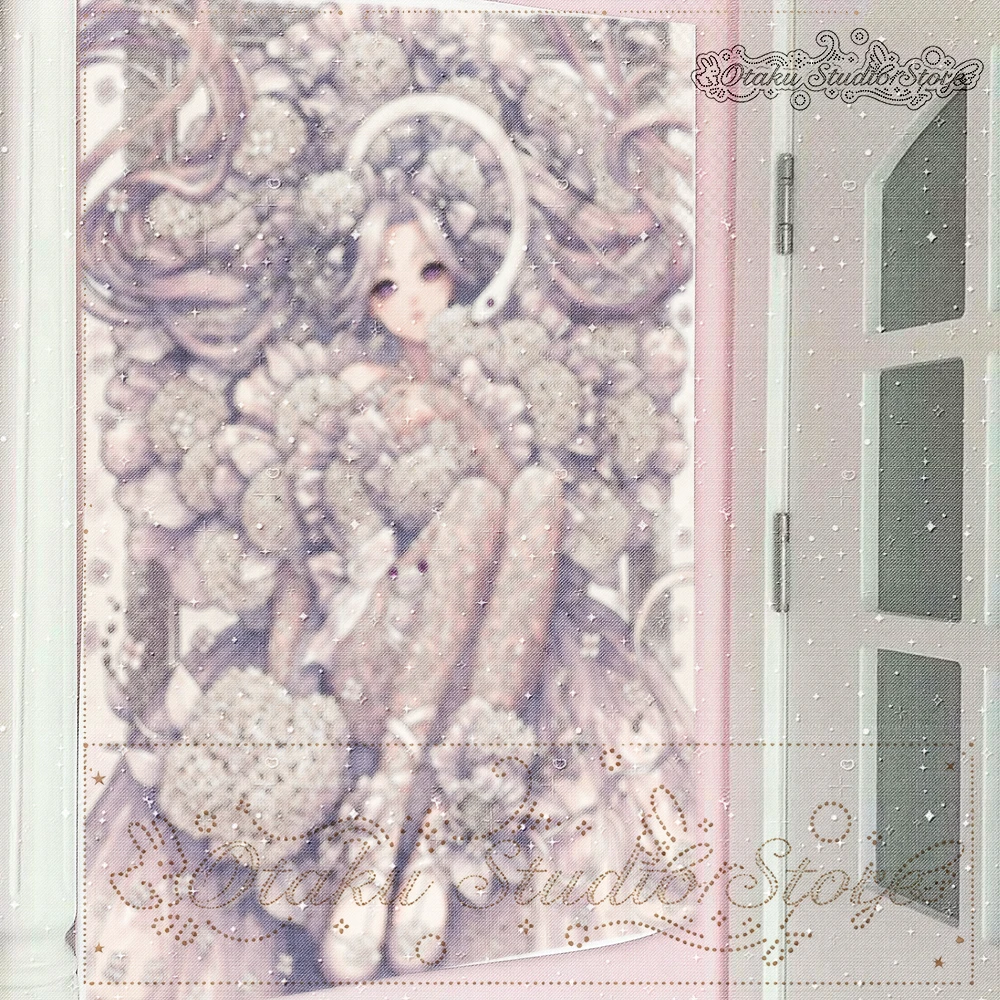 ゆきゆき Dense Hydrangea Surrounded Anime Girl Tapestry Pastel Lavender Pink Tone Wall Hanging