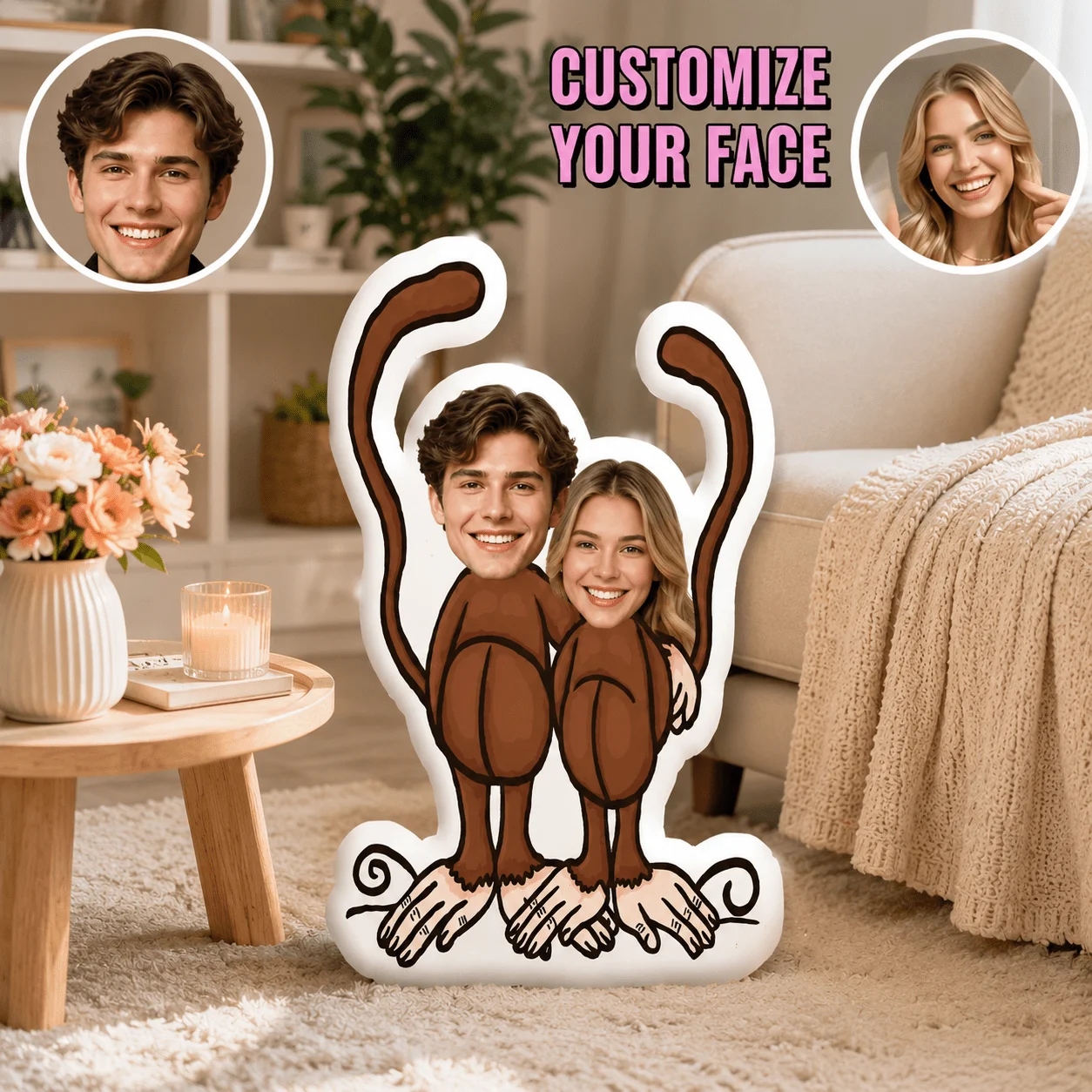 Custom Personalized Photo Face Pillow, Funny Monkey Couple Shaped Decorative Cushion, 60CM Large Size Accent Pillow for Sofa & B