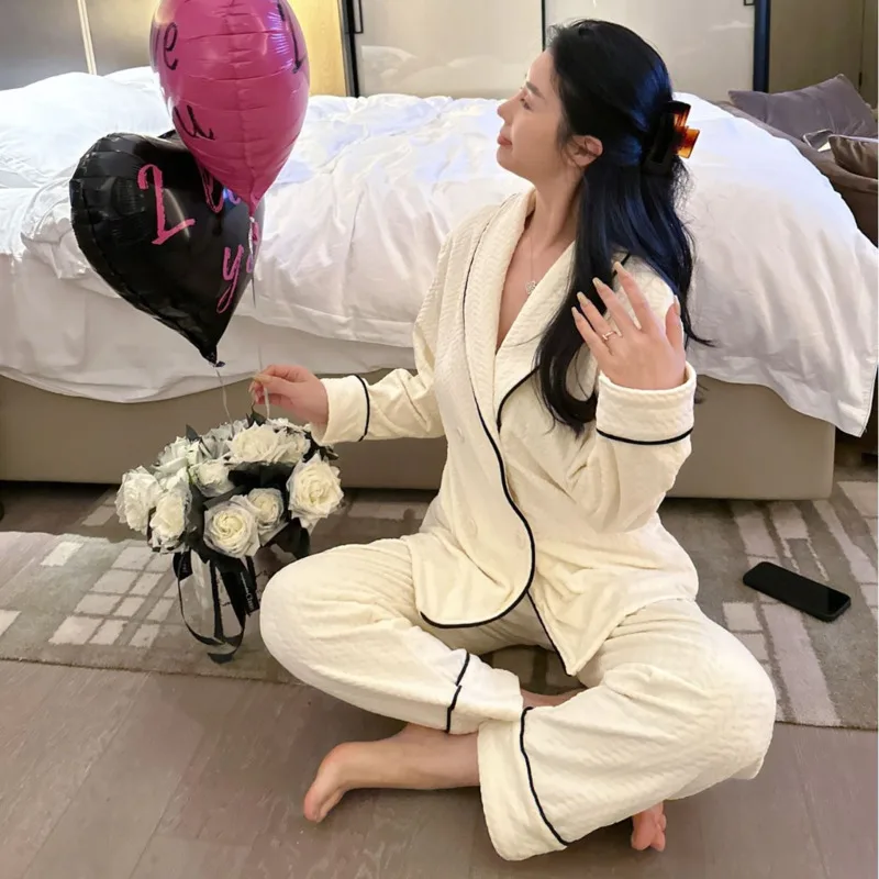2025 Autumn Winter Warm Velvet Flannel Long Sleeve Pants Women Two Piece Set Pajamas Causal Button Nightgown Sleepwear Nighty