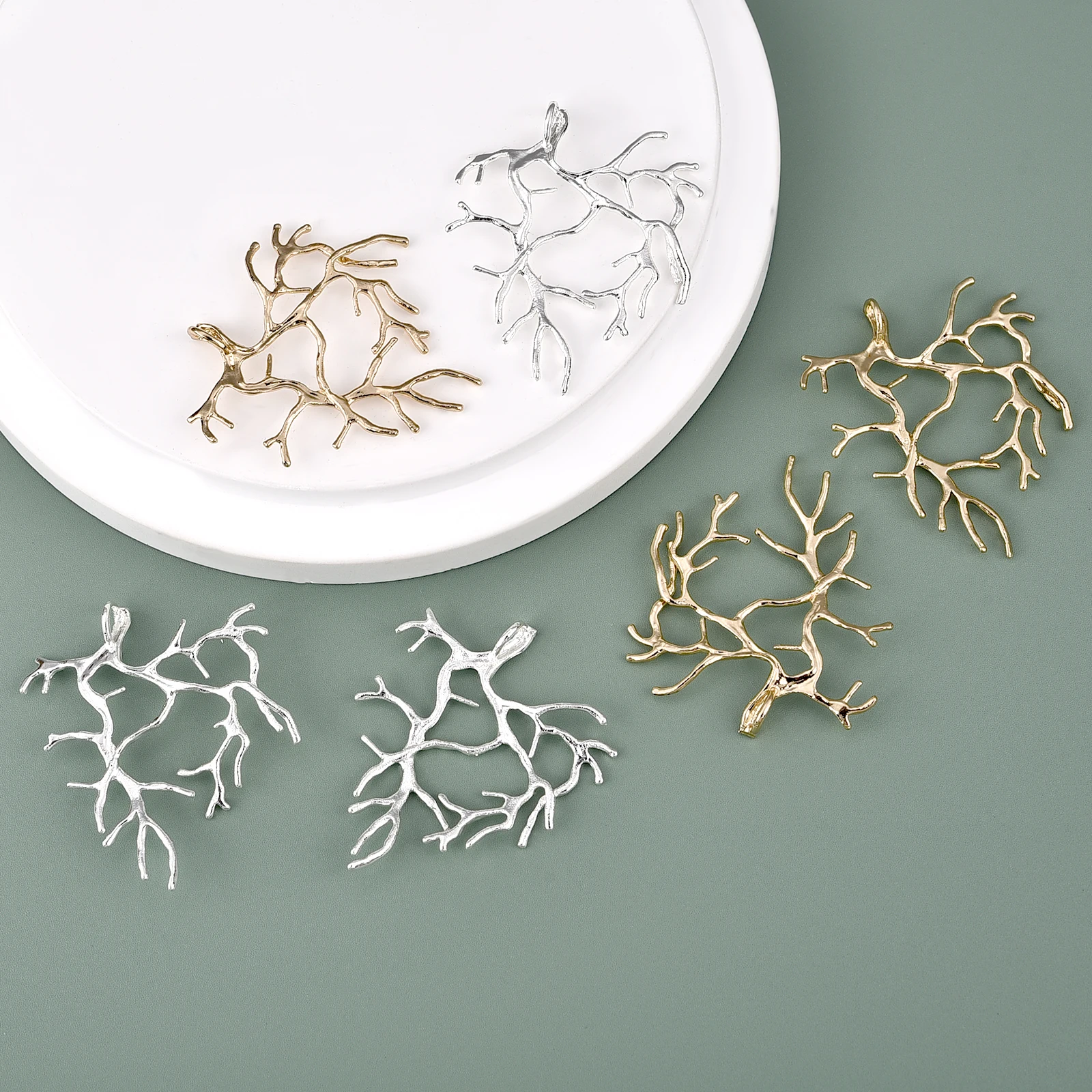 5Pcs Copper Plating Silver Tree Branch Blank Base Necklace Pendants For Cabochon Cameo DIY Jewelry Making Accessories 27X31mm