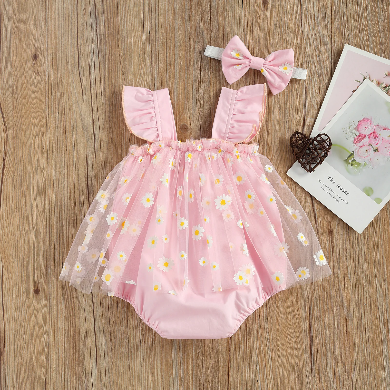 VISgogo Toddler Baby Girls Romper Dress Daisy Print Fly Sleeve Mesh Bodysuit Bow Headband Set Cute Fashion Baby Summer Clothing