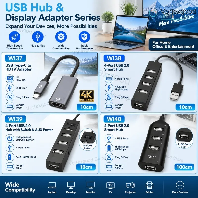 Serie di hub USB, adattatore USB Type-C per HDTV, convertitore video 4K, hub USB 2.0 a 4 porte, trasferimento dati ad alta velocità 480 Mbps, dock di espansione USB con interruttore ON/OFF,