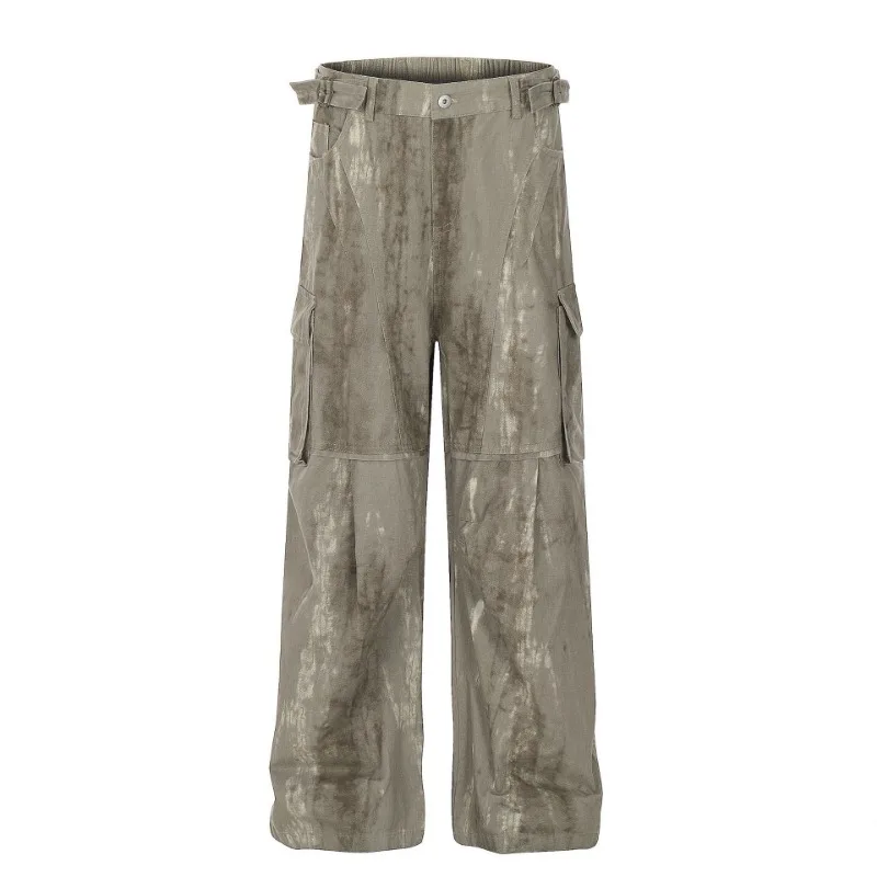OR FL Retro Tie Dye 100 Cotton Women Staraight Cargo Trousers Advanced Aging Adjustable The Waist Wide Leg Floor Length Pants