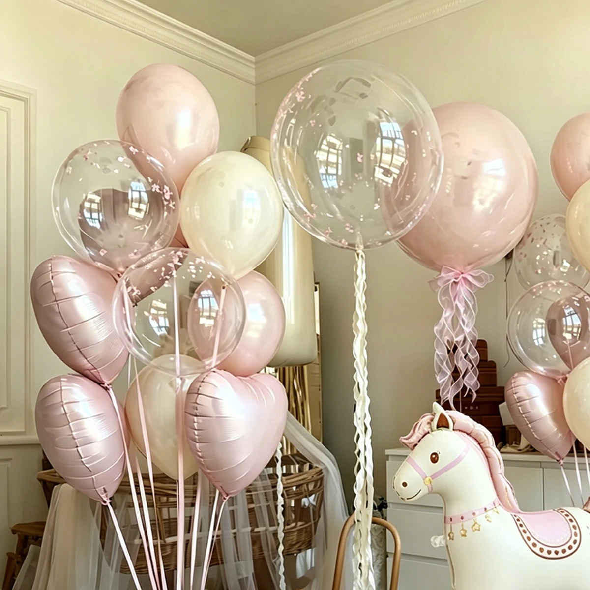 Rosa Trojaner-Ballon-Set, Rosa Schaukelpferd-Folienballon, Rosa Herzballon für Geburtstagsfeier, Babyparty-Dekoration – Detail 6