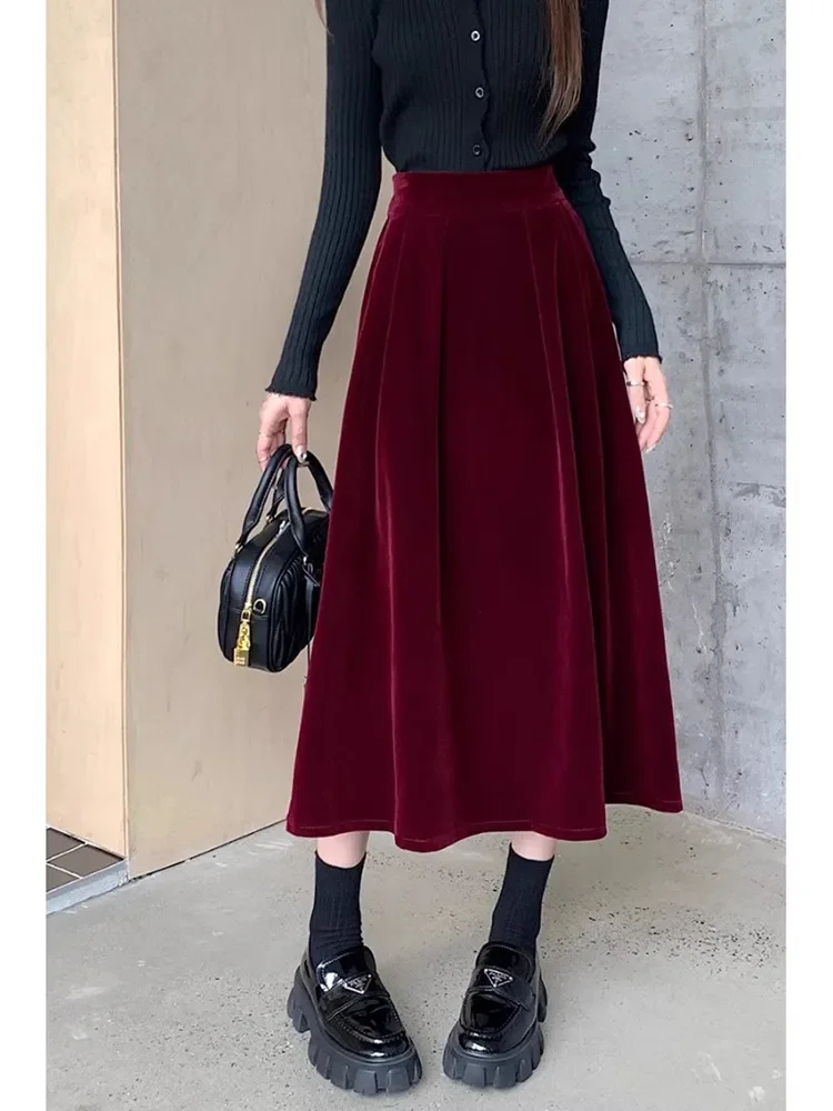 Autumn Winter Warm Red Velvet Vinatge A-line Skirts for Women Elegant High Waist Black Ladies Fashion Midi Pleated Skirt Faldas