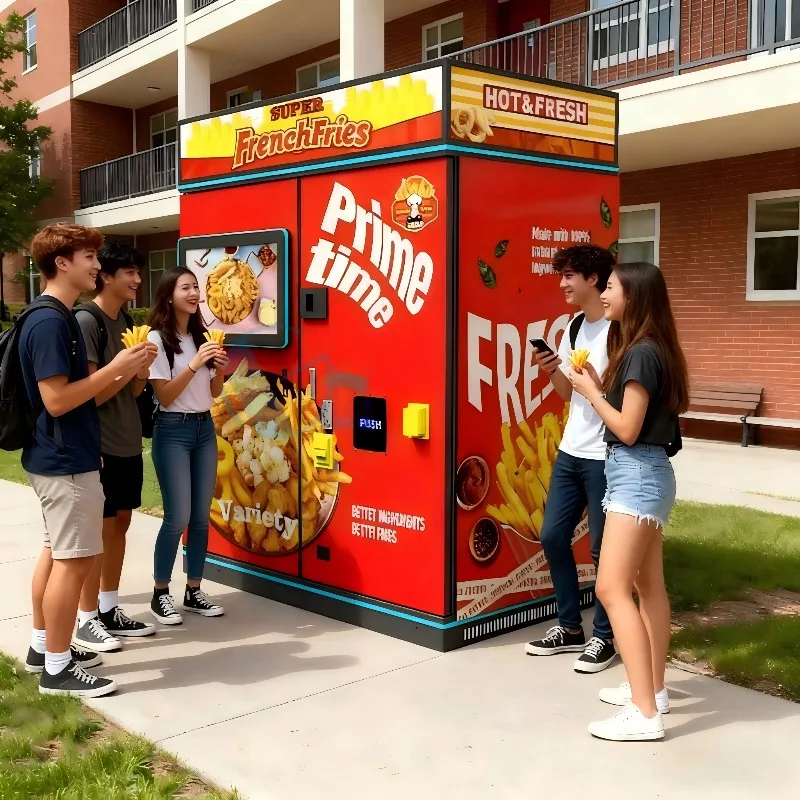 French fries, chicken pizza, 24-hour automatic multi-payment, touchscreen vending machine, 1-year warranty, shopping mall