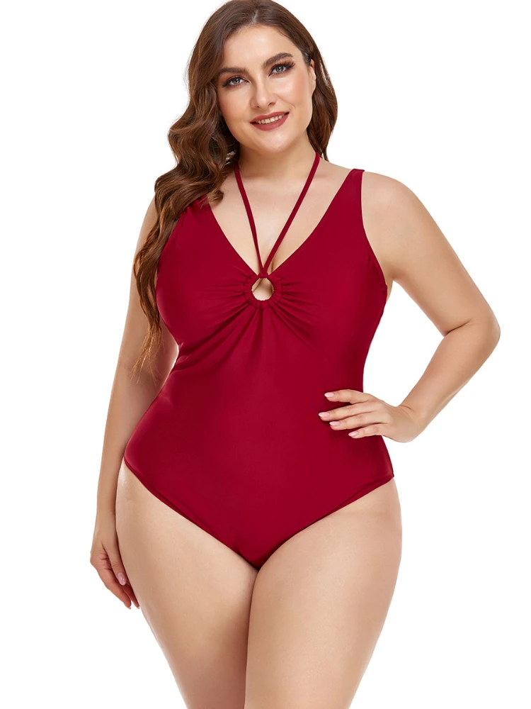 Plus Size One-Piece Swimsuit Women's 2023 Tankini Halter Deep-V Neck Sexy Swimwear Solid Color Bathing Suit Push Up Bikini Beach