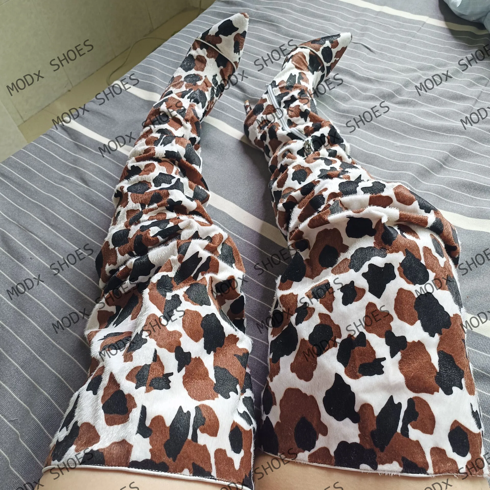 2025 Western Style Horse Hair Cowboy Long Boots Women High Thin Heels Cow Pattern Shoes Pointed Top Over The Knee Booties 44