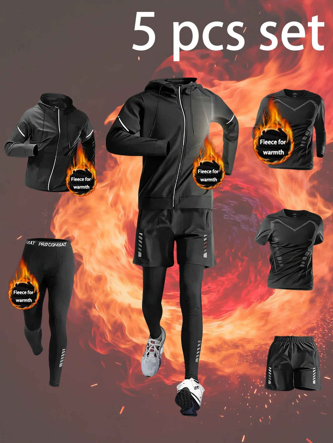 

Men's 5-piece compression set, thermal printed underwear set, cold weather training, moisture-wicking and flexible