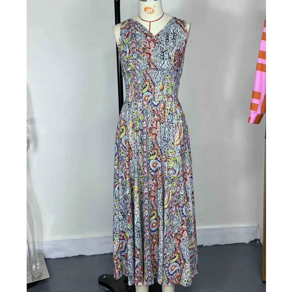 Abito maxi Boho senza maniche moda donna nuova stampa estiva elastico in vita bohemien elegante canotta abiti lunghi per donna Robe Femme