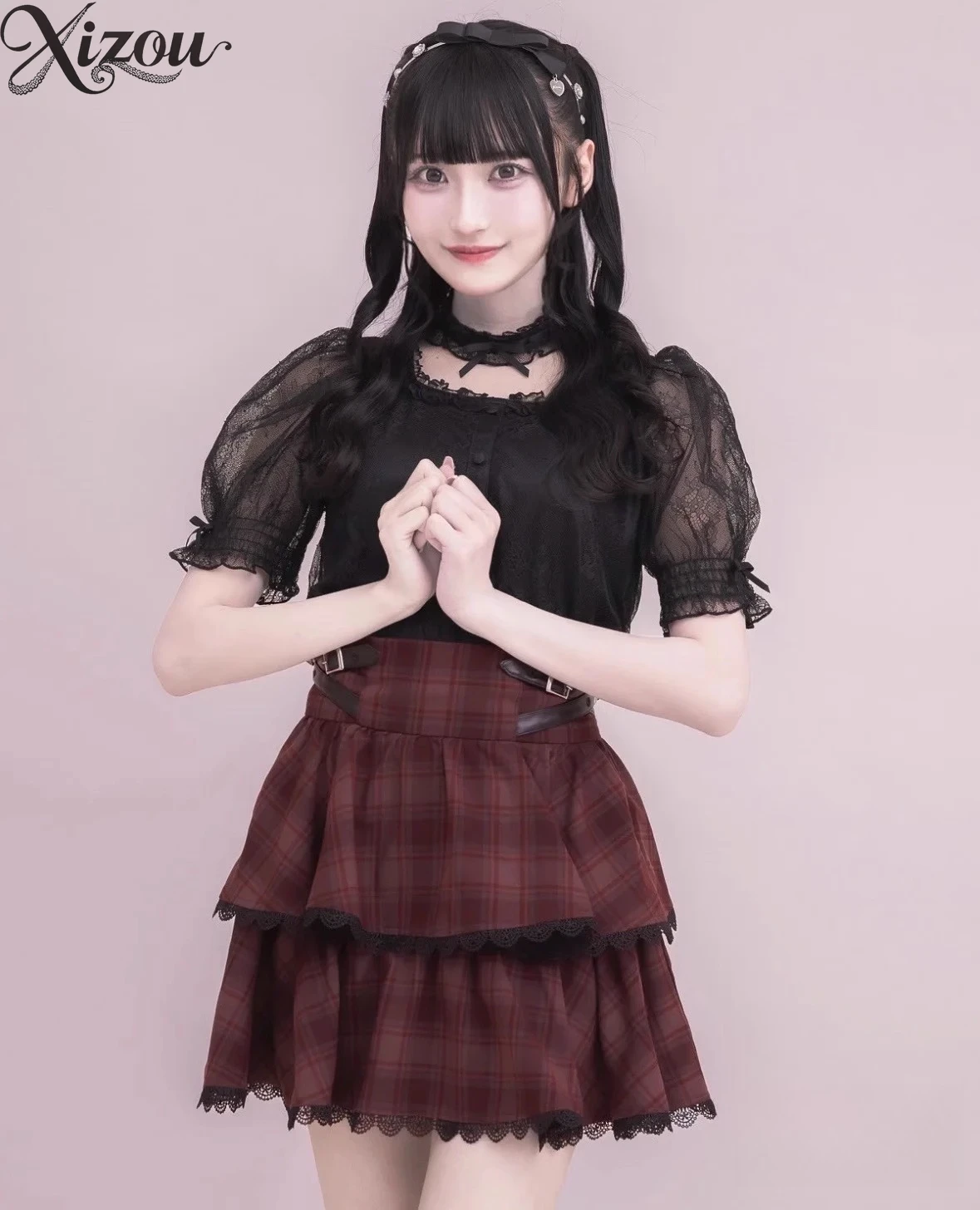 Chemisier japonais coréen pour femmes, col en dentelle, manches courtes bouffantes, couleur ajourée, doux et mignon, haut d'été Lolita (sans étiquette), 2025