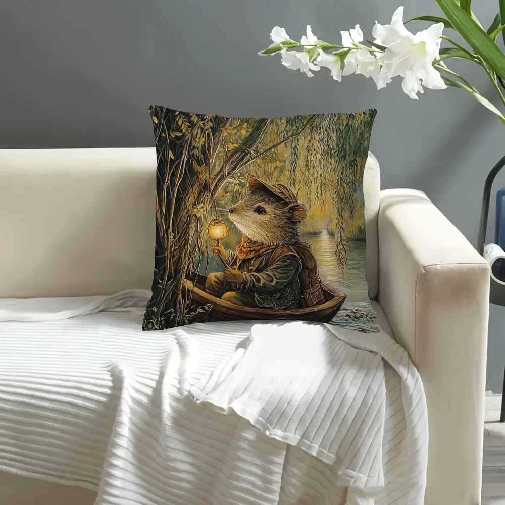 Vintage Mouse Throw Pillow Cover, Whimsical Forest Mouse in Boat with Lantern Decorative Pillow Case
