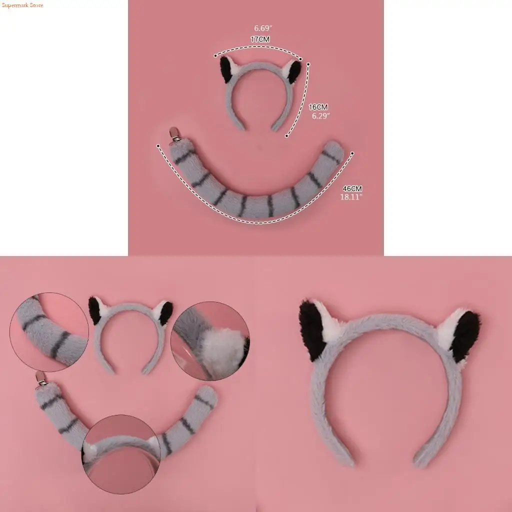 

Q5WE повязки на голову с ушками лемура и хвостом для женщин, реквизит для косплея на Хэллоуин