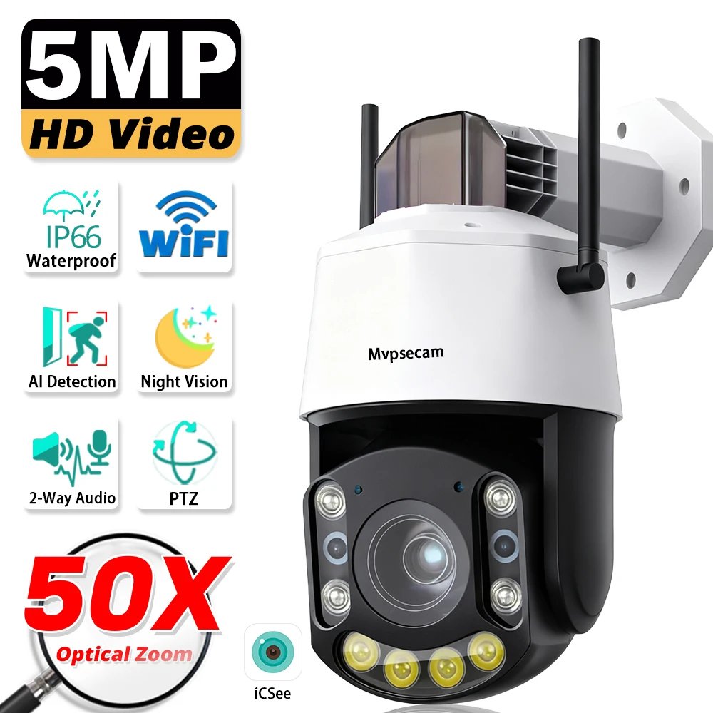 ICsee Wifi 30倍/50倍ズーム 5MP PTZ IP防犯カメラ 屋外 双方向音声 ワイヤレス 人体検知 CCTVビデオ監視カメラ