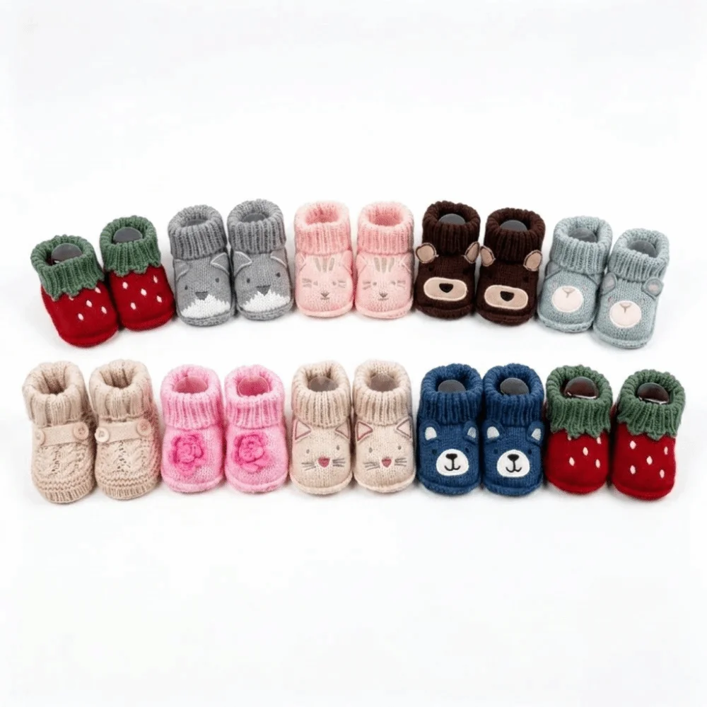 1 Pair Soft Sole Knitted Shoes Anti-slip Design Cartoon Pattern Infant Pre-walkers Comfortable Fit Warm Lining