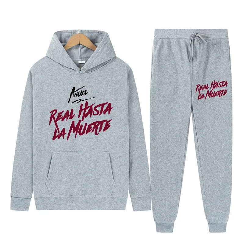 Anuel AA Real Hasta La Muerte Hoodies + Sweatpants Sets Men Fashion Long Sleeve Sweatshirts Casual Harajuku Pullover Sportpants