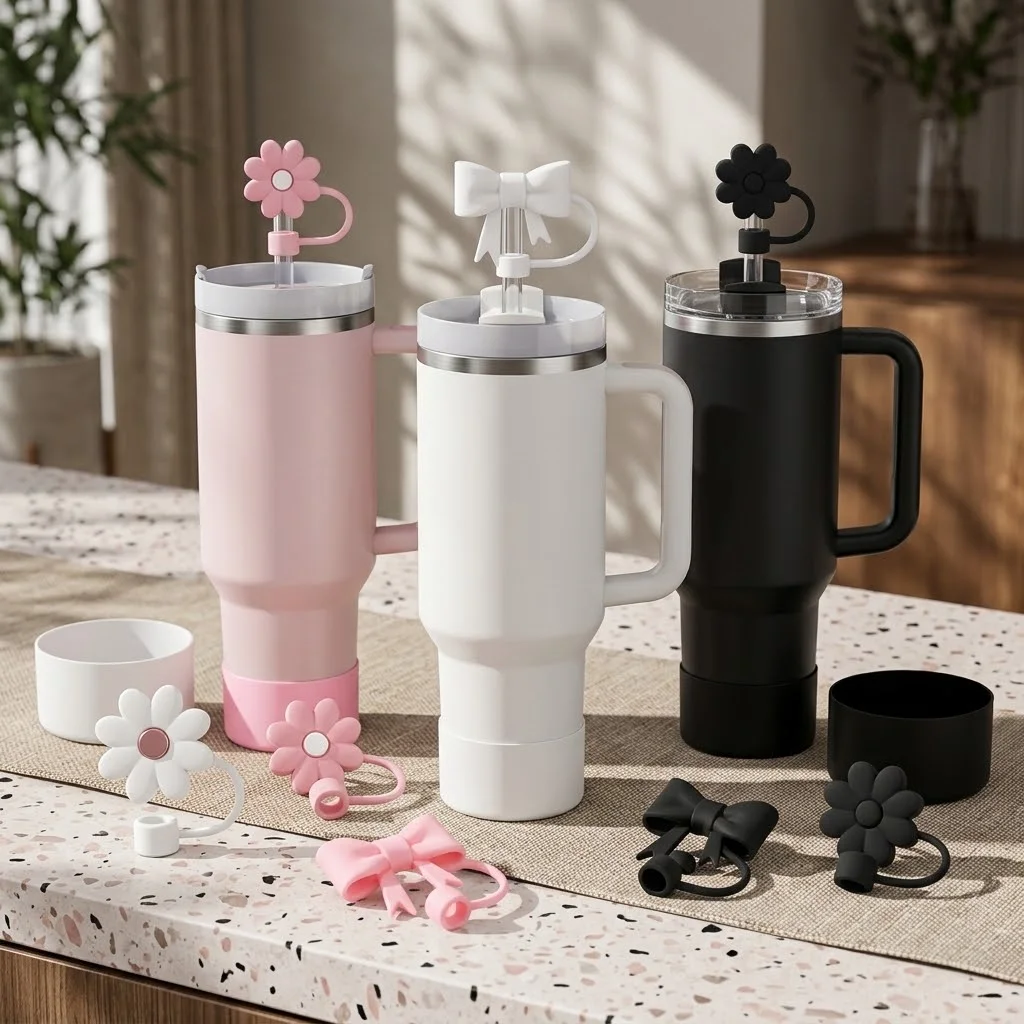 3 Pcs Reusable Straw Cap,Dust Proof 10mm Flower Silicone Cap,Non-Slip Cup Boot, 30oz 40oz Cup Accessories, for Stanley Cup