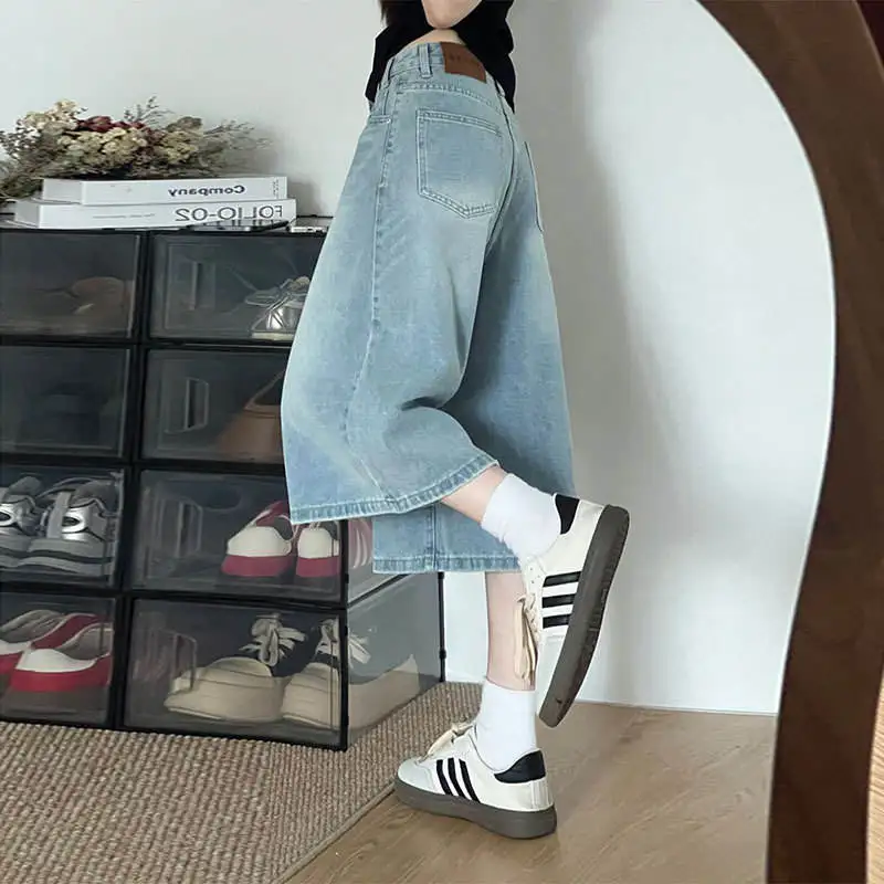 

Light Wash Women's Denim Shorts Summer New Style Loose High Waist Straight Leg Versatile Slimming Wide Leg Mid-Length Pants