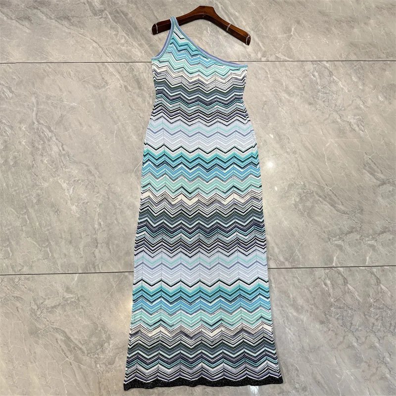 

Women's dress 2026 Spring new elastic knitted long dresses Asymmetric slim fit striped mini dress sleeveless party dresses y2k