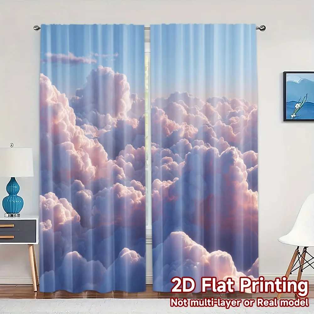 2pcs, 2D FLAT PRINTING Curtains (Without Rod) Cloudscape Harmony Popular Window Curtain Versatile Polyester Fabric Curtains