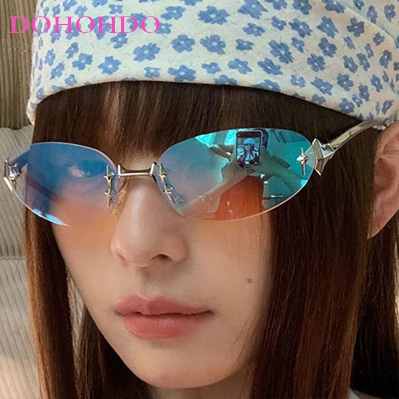 Trendy Oval Star Punk Rimless Women Sunglasses Brand Design Y2K Men Sunglass Summer Traveling Street Photography Eyewear UV400