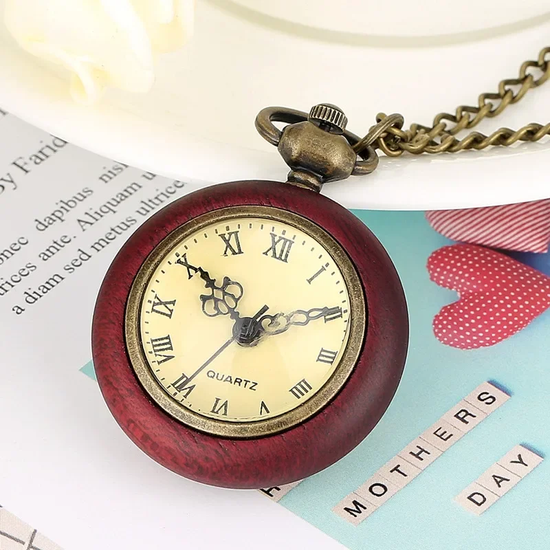 

Classical Red Wood Case Pocket Watch Wooden Roman Number Quartz Watches for Men Women Sweater Necklace Chain Small Clock Reloj